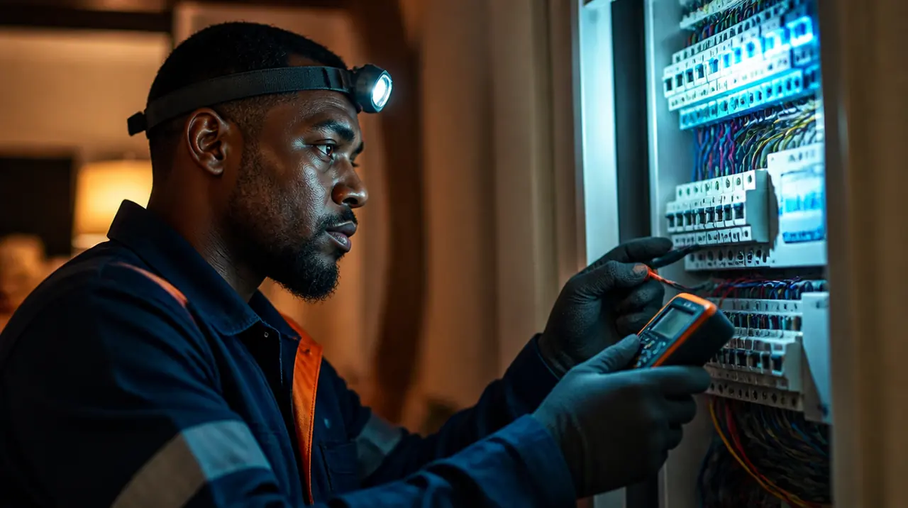 Un électricien certifié contrôle un tableau électrique au multimètre